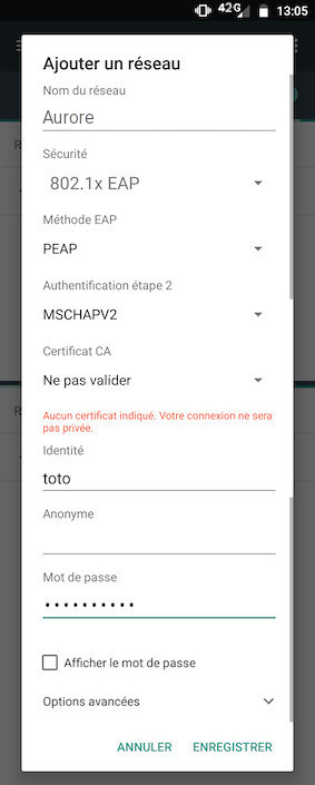 vue du menu Android avec les paramètres corrects