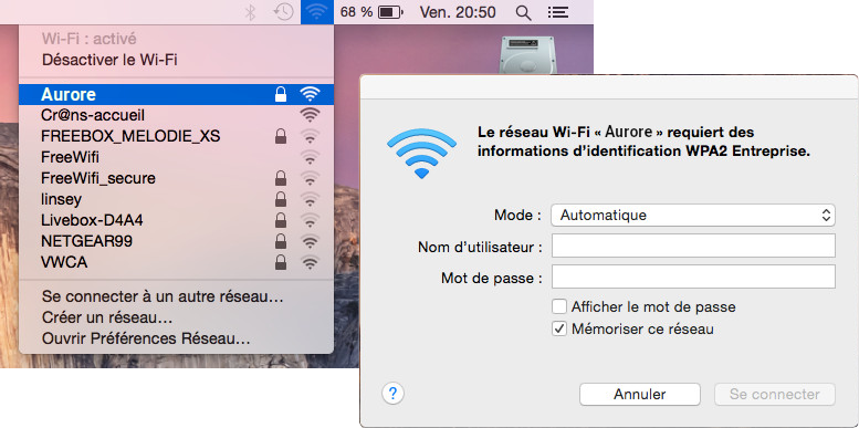 vue du menu MacOS avec les paramètres corrects